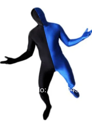 Traje Zentai de cuerpo completo de LICRA dividido en azul y negro