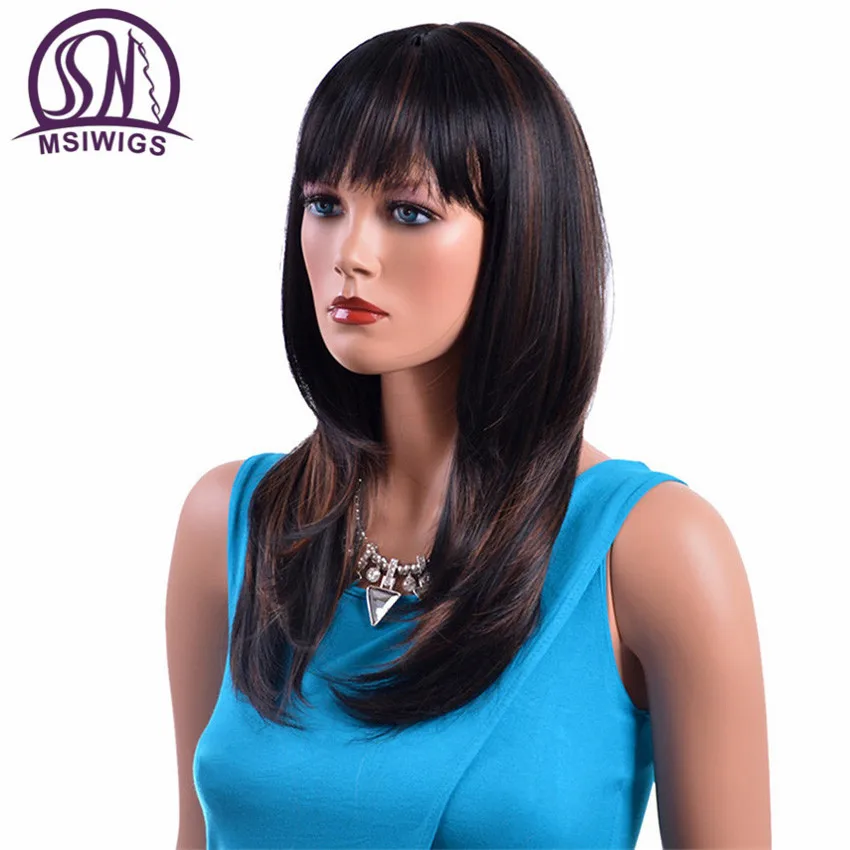 MSIWIGS Long Straight Wigs Synthetic Hair for Women High Temperature Fiber Black Ombre Wigs with Highlight