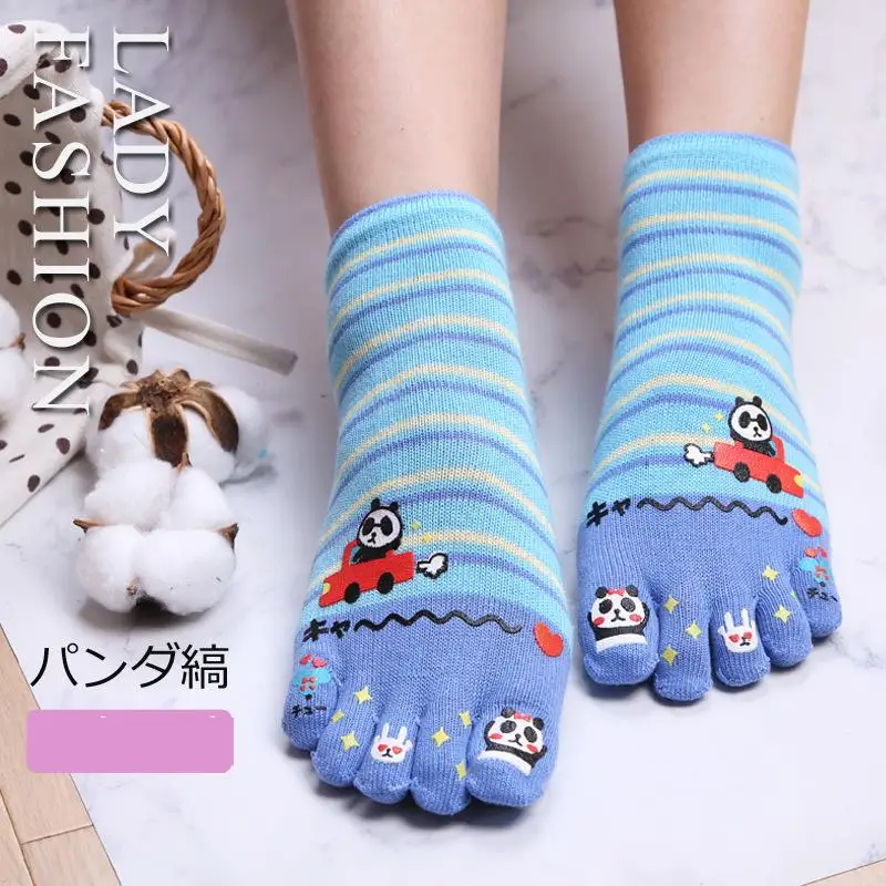 5 Pairs Women Cotton Comfortable Five Finger Socks Cute Panda Animal Ankle Socks Set Kawaii Harajuku Toe Socks Women