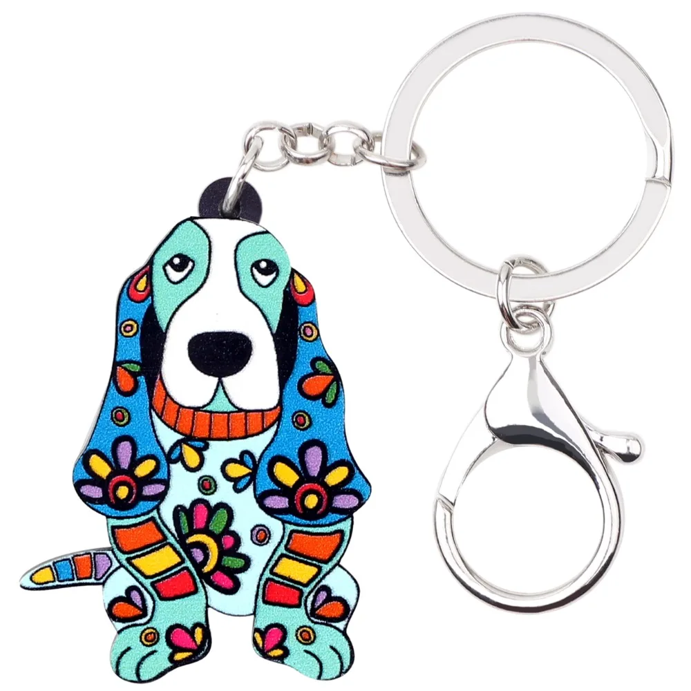 Bonsny Acrylic Cartoon Floral Basset Hound Dog Key Chain Keychain Rings Novelty Animal Jewelry For Women Girl Kid Bag Car Bijoux