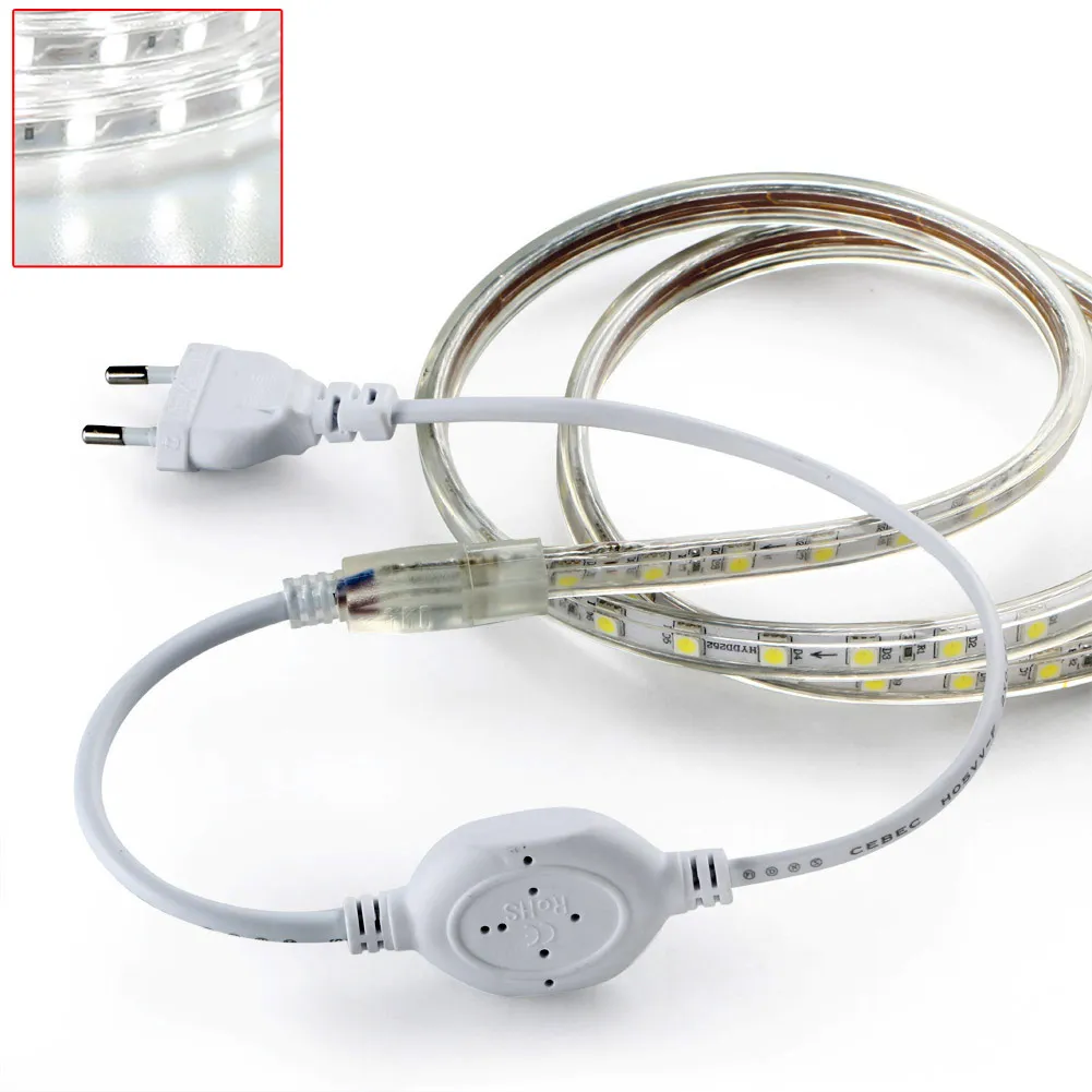 شريط إضاءة LED الأكثر مبيعًا SMD 5050 AC220V شريط إضاءة مرن EU Plug IP67 مقاوم للماء 1 متر/2 متر/5 متر/6 متر/8 متر/10 متر/12 متر/15 متر/20 متر/22 م/25 م