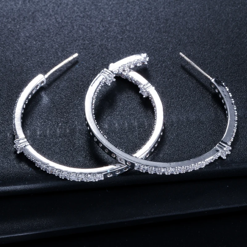 Threegraces Elegant Shiny Cubic Zirconia Silver Color Small Thin Round Circle Hoop Earring for Women Chic Party Jewelry E0036