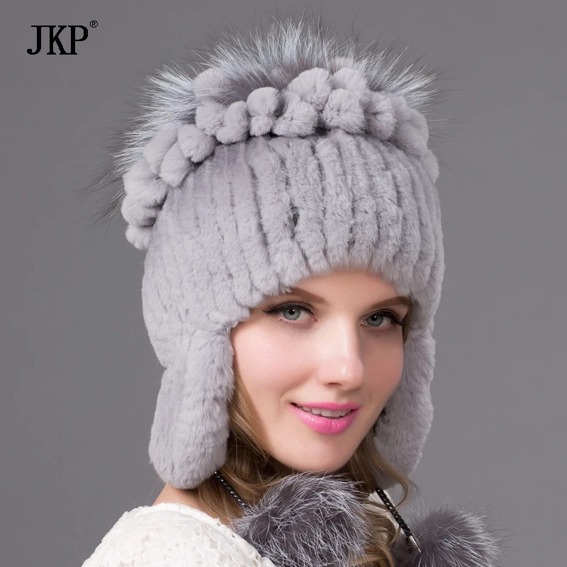 Women Natural Rex Rabbit Fur Hat Winter Warm Thick Knit Real Fox Cap Female New Ear Protection Hat Free  THY-38