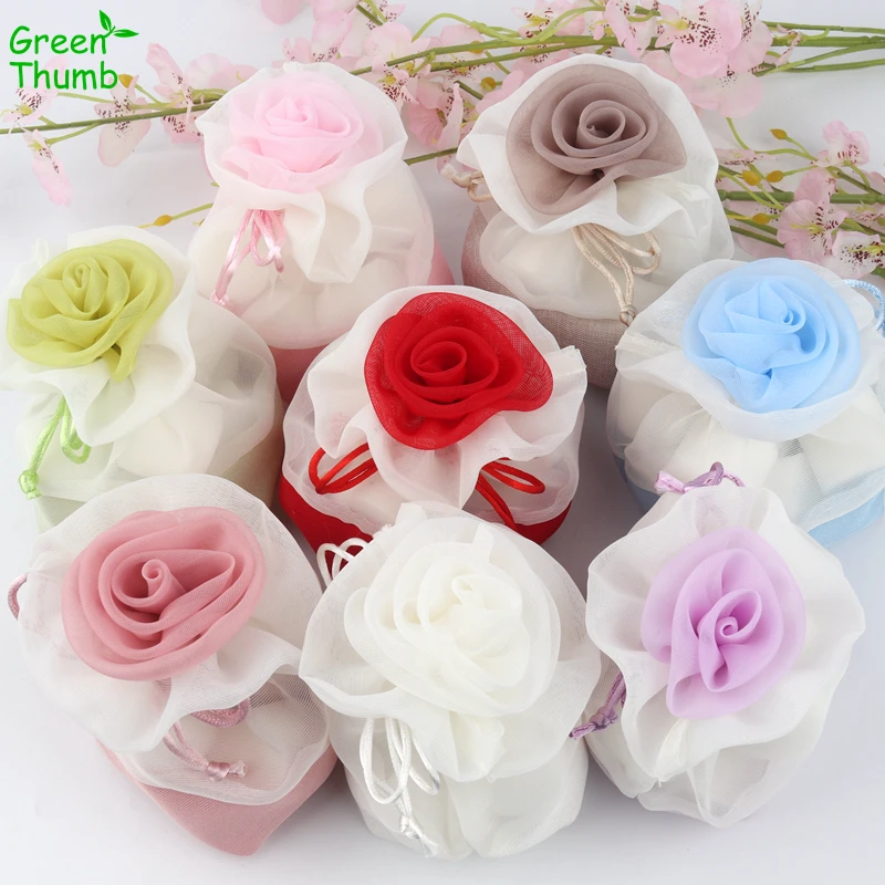 4pcs 15*14cm Flower Gift Bag Polyester Wedding Candy Drawstring Bags Multi-Color 0ptional Yarn Bag