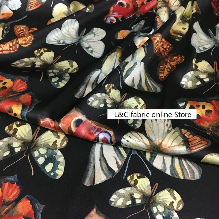 Butterfly Printed Silk Dress Fabric of European and American Major Brands 19 M Elastic Silk Satin Fabric