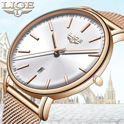 LIGE-Reloj de pulsera de acero inoxidable para mujer, accesorio de lujo, resistente al agua, ultrafino, informal, de cuarzo