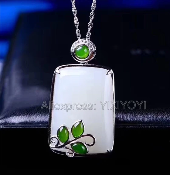 925 Sterling Silver White Green HeTian Jade Carved Elegant Design Lucky Pendant + Chain Necklace Charm Fine Jewelry Charm Gift