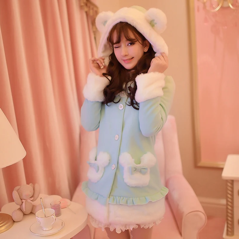 Princess sweet lolita coat Candy Rain Winter new Sweet Female cute teddy bear ear cloth hooded coat  C15CD5961