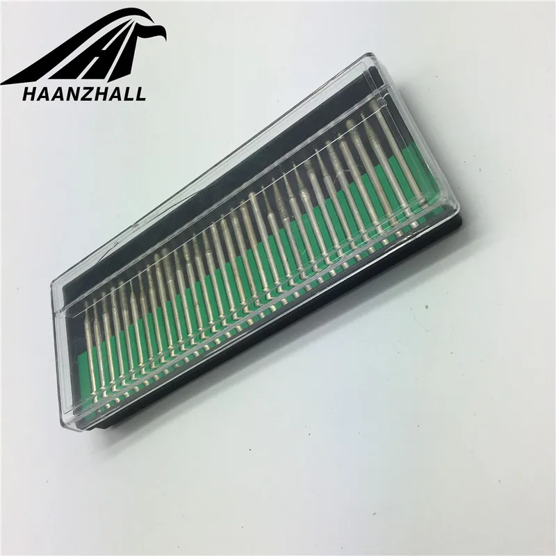 30 peças 3mm mini brocas de diamante rebarbas, roda de moagem, haste abrasiva, pedra de madeira, gravura para dremel ferramentas elétricas, acessórios