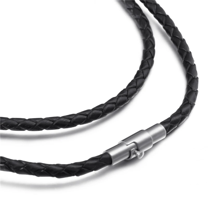 3/4/5mm Black Leather Necklaces for Men Women Cord Silver Stainless Steel Magnetic Clasp Braided Genuine Choker