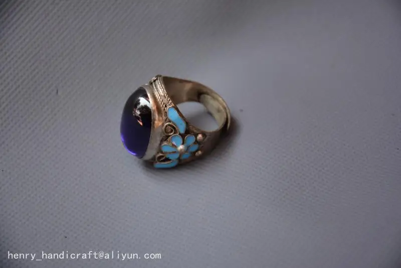 Rare Old Old China Cloisonne &sapphire pendantcarved silver ring,free shipping