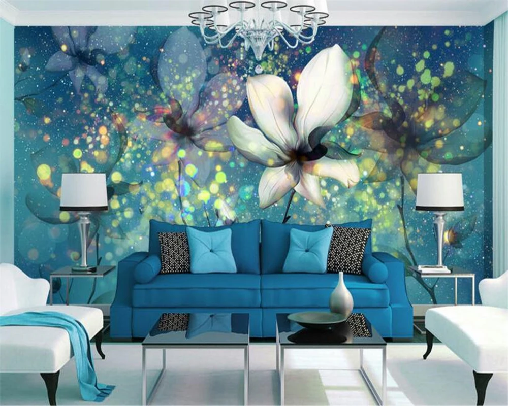 

Beibehang papel de parede customize wallpaper dream blue glare under the transparent flower backdrop wall 3d wallpaper tapety