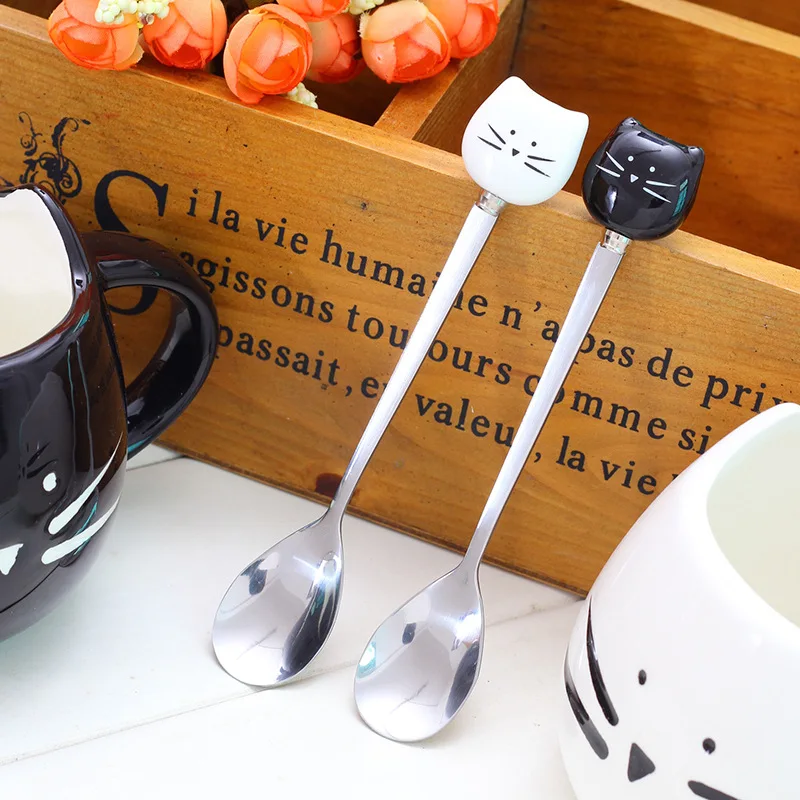 300Pcs/Lot Cartoon White Black Cat Spoon Stainless Steel Tea Coffee Ice Cream Spoons Tableware Decor Wholesale LX1304