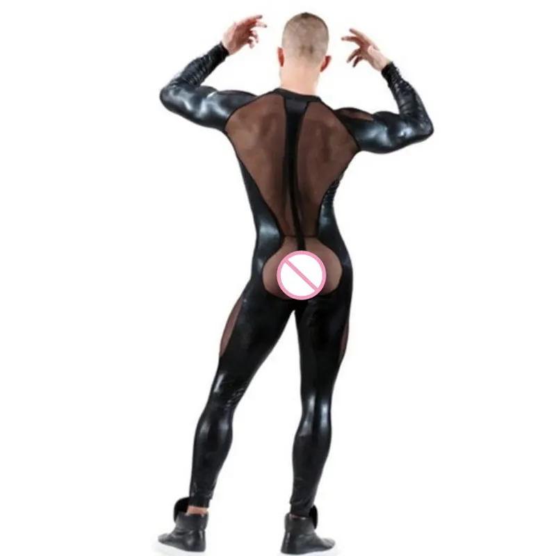 Sexy Men Mesh Patchwork See Through Bodysuit PU Shiny Jumpsuit Erotic Costumes Stage Wear Punk Playsuit Gay Wear Plus Size F52