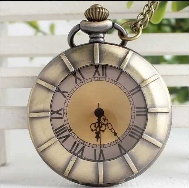 Vintage Bronze antiques Dark brown glass Roman numerals Good quality steampunk woman and men pocket watches gift