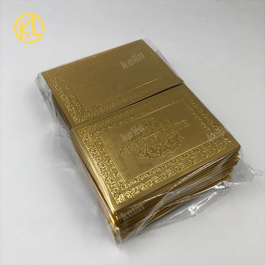 50 pcs or 100pcs Plastic Material Full Gold Plated Stone Certificate of Authenticity for banknote or Coin