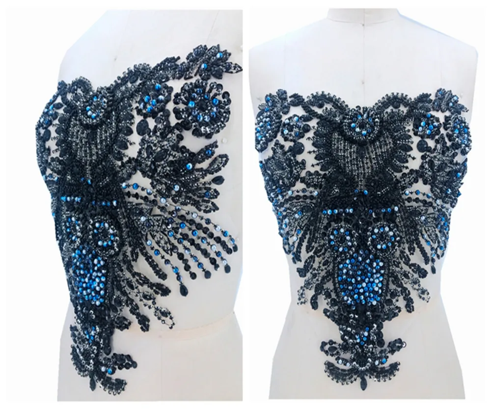 

Pure hand made black sew on Rhinestones applique on mesh crystals patches trimming 37*37cm dress accessory