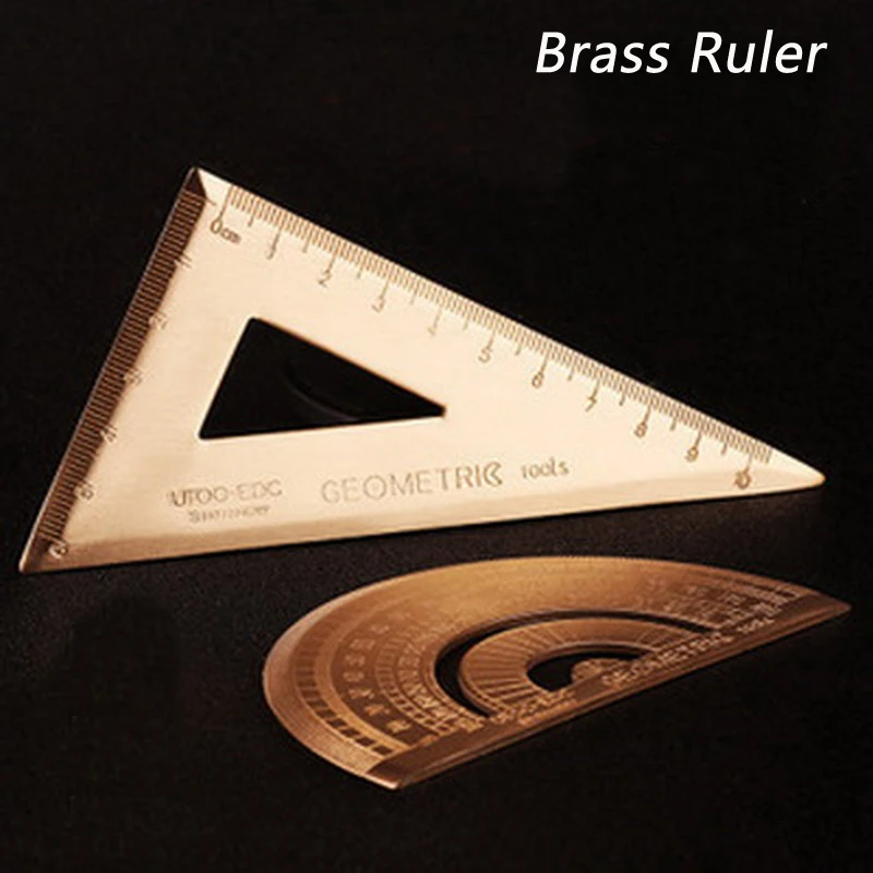 Brass  Triangle  Semicircular Outdoor Learning Drawing Tools Student Math Retro stationery Gift Pure Copper Ruler Outdoor EDC