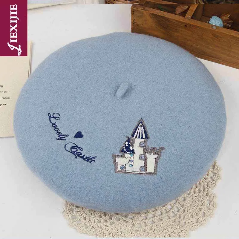 Japanese 100% wool pattern vintage hat moon cherry embroidery Princess lolita College sweet lady painter lovely Winter warm hats