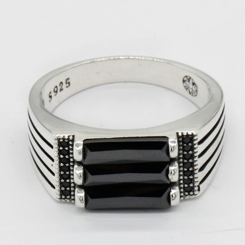 Male Ring 925 Sterling Silver Men Ring Parallel Zebra Lines Black Zircon Band Punk Style Ring for Men Party Jewelry Wedding Ring