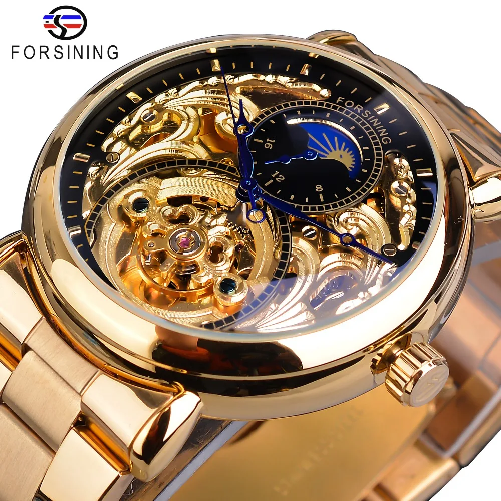 Forsining Mens Skeleton Automatic Mechanical Watch Golden Vintage Moon Phase Steel Male Wristwatch Top Brand Luxury Montre Homme