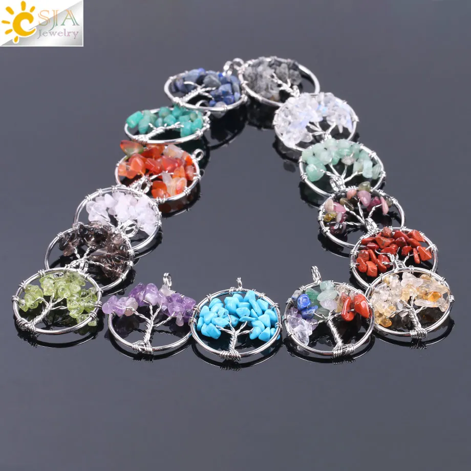 CSJA Tree of Life Necklace & Pendant Silver Color Crystal Natural Gem Stone Chip Beads 7 Chakra Wire Wrapped Women Jewelry F141