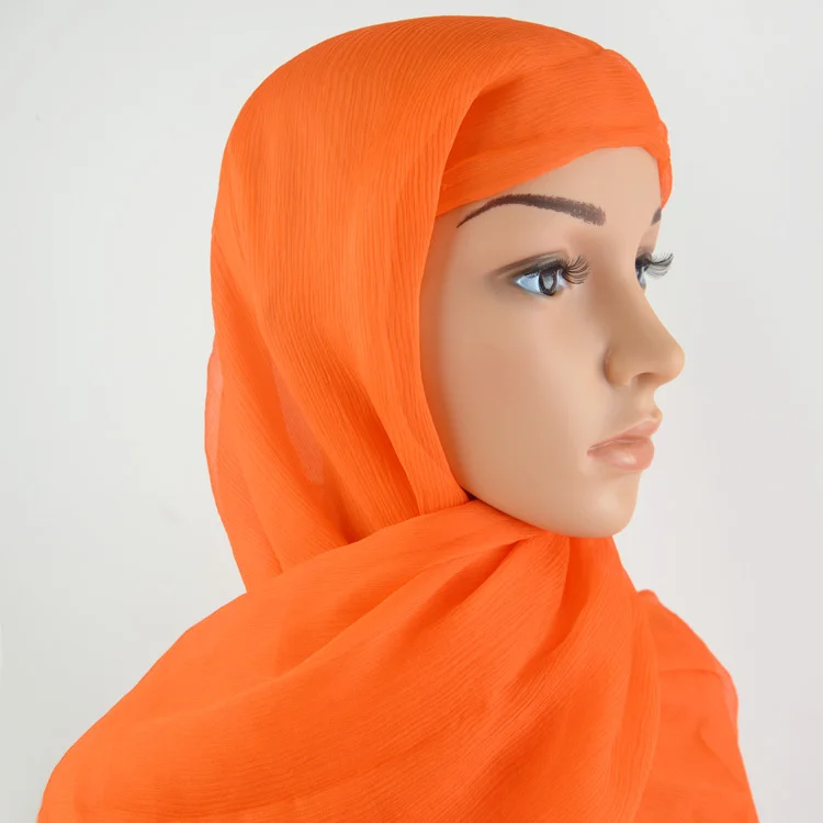 100% Zijde Crinkle Georgette Lange Sjaal 110cmX180cm Pure Zijde Sjaal Vrouwen Effen Kleur Groot Formaat Chiffon Sjaal Oranje