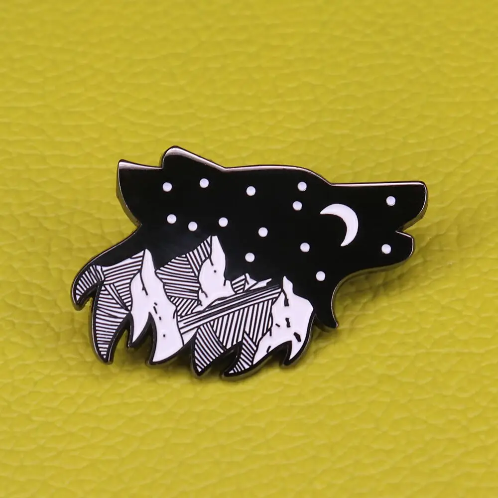 

Wolf enamel pin mountain star brooch night sky howling wolf badge nature animal jewelry