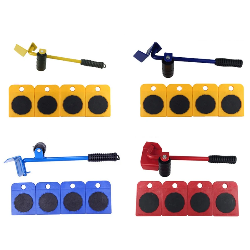 1Set Furniture Moving Transport Hand Tool  4 Mover Roller+1 Wheel Bar Kit ABS Plastic High Quality Steel Household Heavy Object