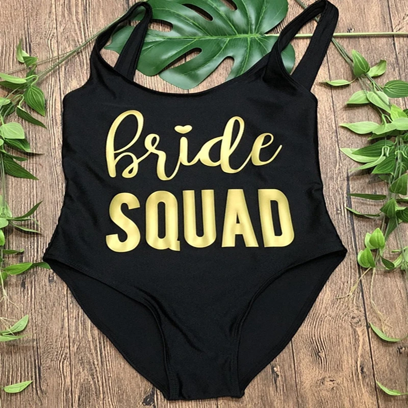 

One Piece Swimsuit BRIDE SQUAD Gold Print Sexy Thong Swimwear Women High Cut Bathing Suit Backless Black Beach Monokini Bodysui