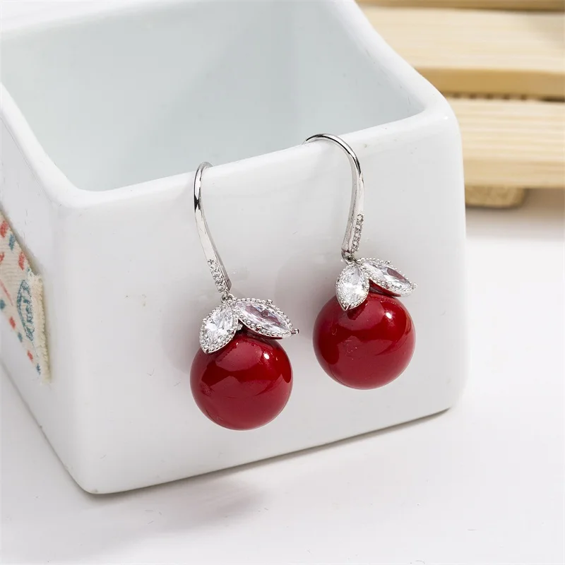 

Hot Copper Cubic Zirconia Exquisite Red Ball Drop Earrings Women Fashion Cute Girls Simple Elegant