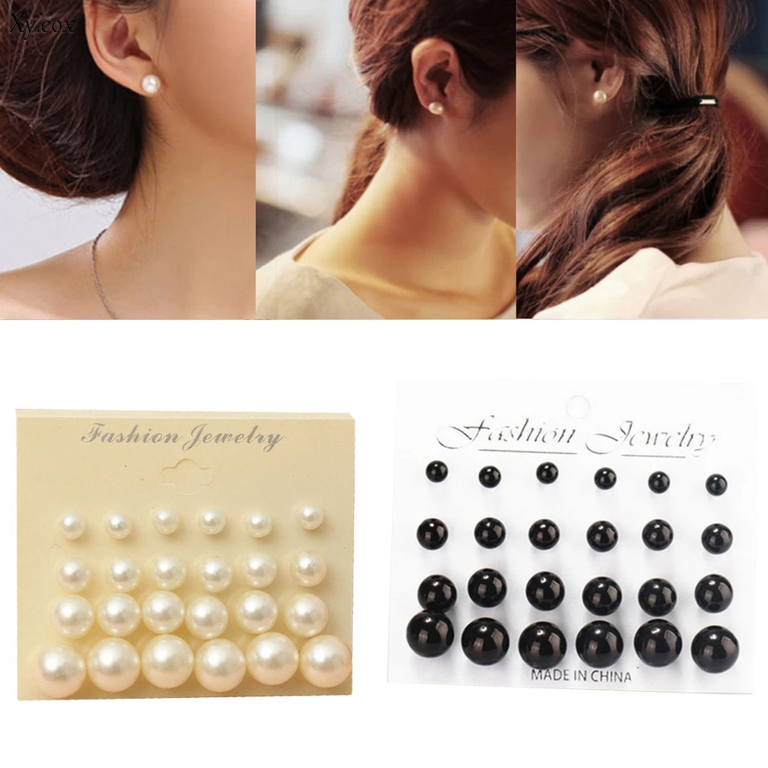 12 pairs Elegant Women Round Pearl Bead Alloy Ear Stud Charm Earrings Jewelry