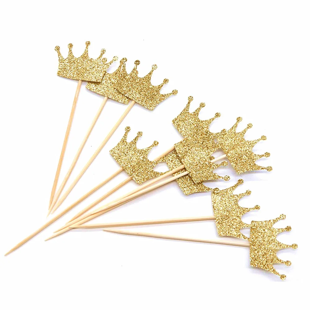 

Hot Sale 24pcs/lot Gold Glitter Crown Cupcake Toppers Picks Wedding Birthday Cake Topper Decor Wedding Ceremony Party supplies