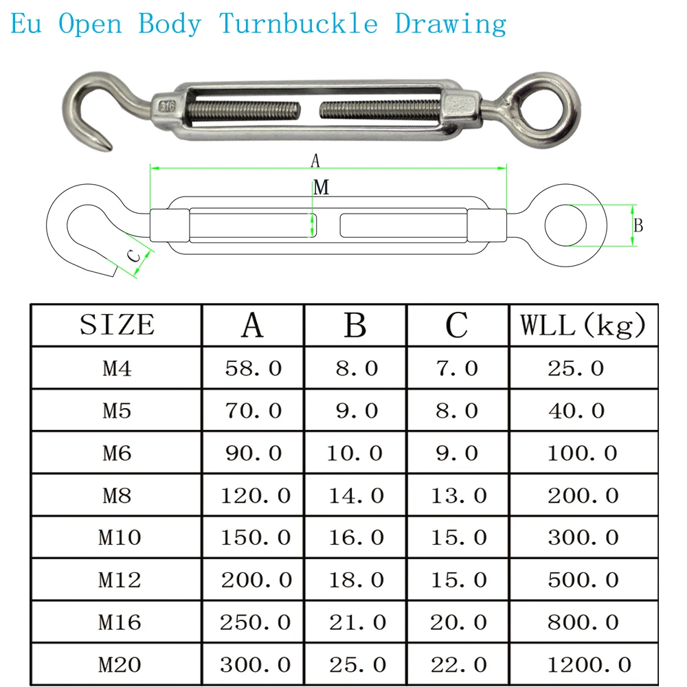 Stainless Mini Open Body Hook-Eye Turnbuckle High Polished Adjustable Wire Rope Tension M4 for Sun Shade Kits 5pcs