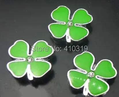 

Wholesale 100pcs/lot 10mm one rhinestone four leaf clover slide charm fit for 10mm Wristband