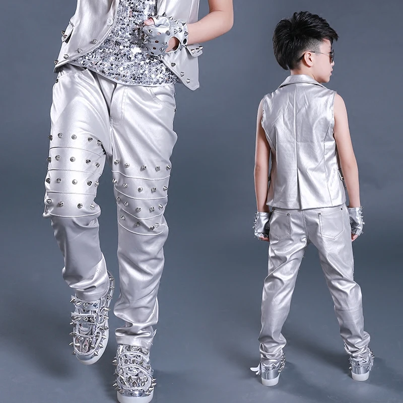 Jazz Dance Costumes Studded Leather Pants Street Dancing Modern Boys Clothes Kid Hip Hop Clothing Stage Show Dancewear DNV11055