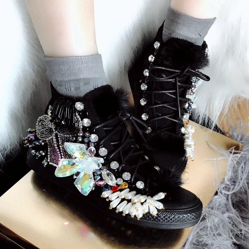 

New Women black Cloth Mink Fur Decor Crystal Flower Beads Embellished Flats Shoes Handmade Women Lace up Sneaker Single Shoes