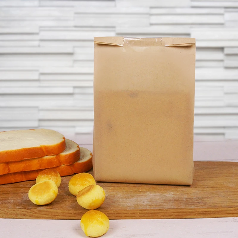 Food Grade Kraft Paper Bread Bags, Window-Open Size, Small for 4 Pieces Toast, Oilproof Puff Bag, Food Packing Bag, 50PCs