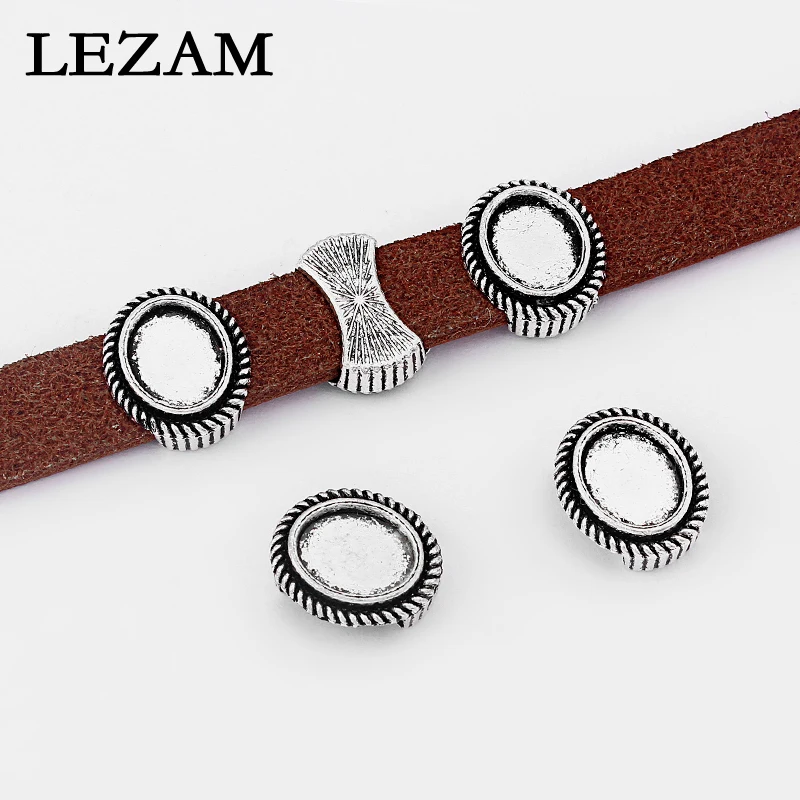 10pcs Antique Charms Slider Spacer For 10*2mm Leather Cord ,10*8mm Oval Tray Bezel Setting For Cameo Diy Jewelry Findings