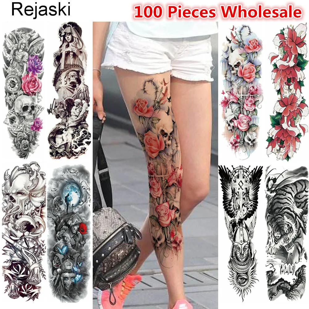 

Rejaski 100 Pieces Wholesale Temporary Long 48x17cm Tattoos Full Arm Leg Flower Nun Tatoo Body Art For Men Women Tattoo Stickers