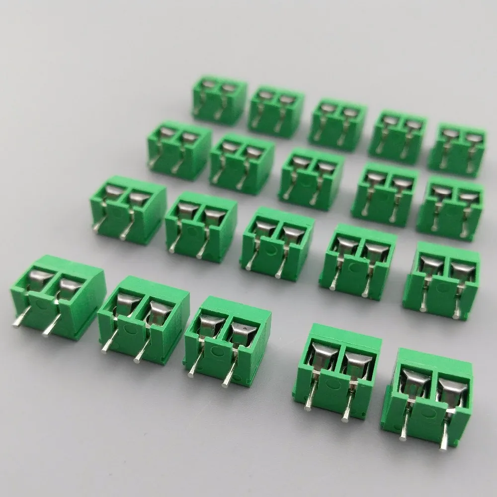 Tornillo de 2 pines, conector de bloque de terminales PCB, color azul y verde, paso de 5mm, 20 Uds.
