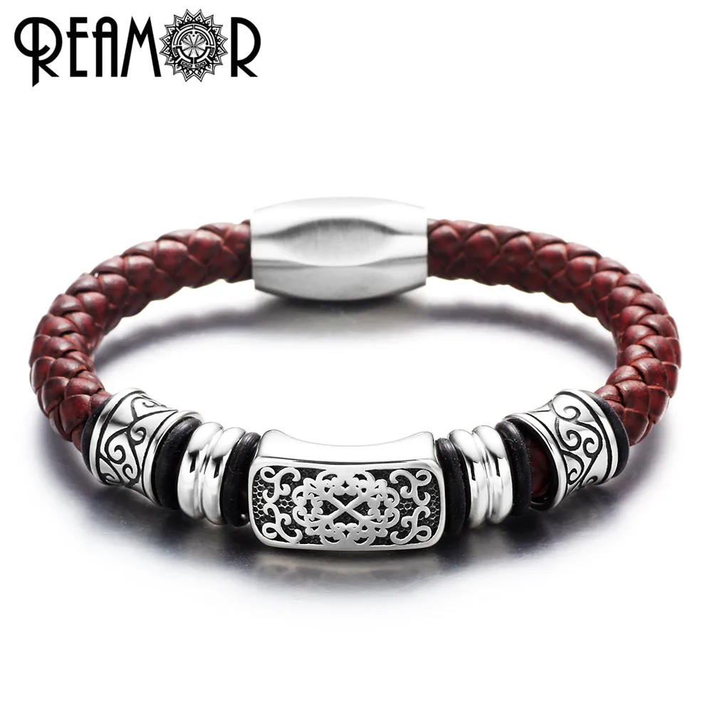 REAMOR 316L Stainless Steel Fashion Charms Beads Bangles 17-21cm Men Bracelets 8mm Genuine Leather with Magnet Clasp Bracelet