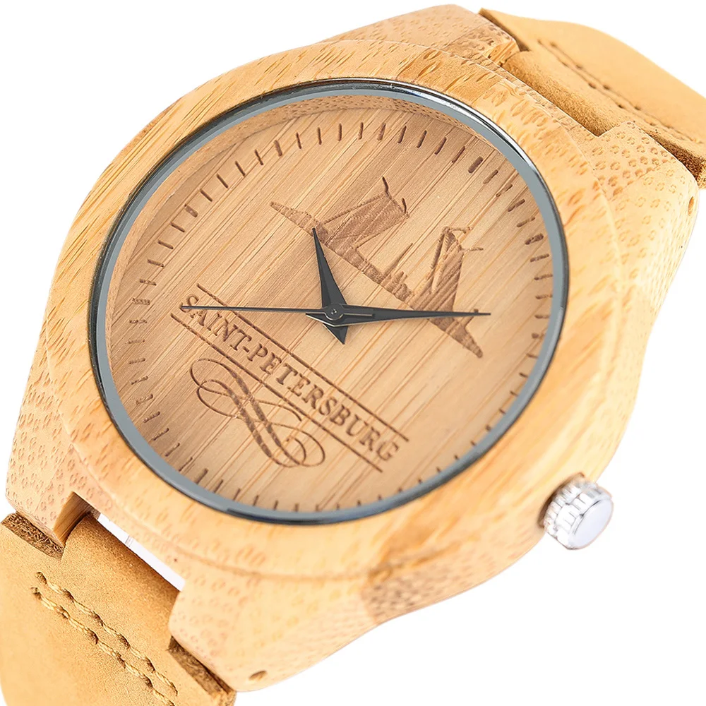 Sports Wooden Watches 2017 Women's Men's Russian Souvenirs Creative Engraving Saint Petersburg Minimalist Wristwatches Relogio