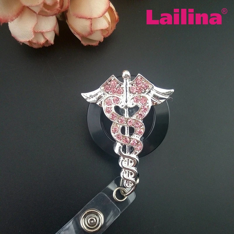 Medical RN Doctor Nurse Rhinestone Retractable  ID Badge Holder Brooch