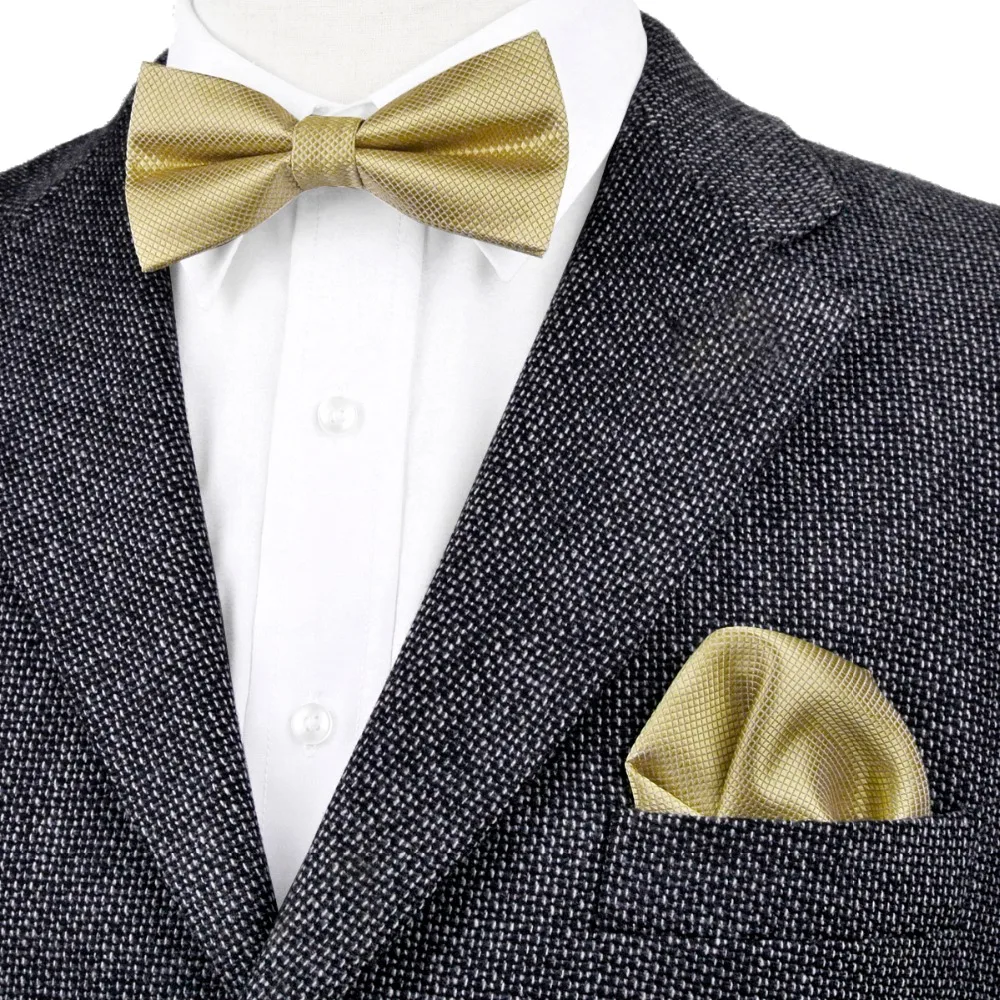 

Free Shipping Solid Checked Gold Yellow Cream Mens Pre-tied Tuxedo Bow Tie Hanky 100% Silk Adjustable Wholesale Casual Wedding