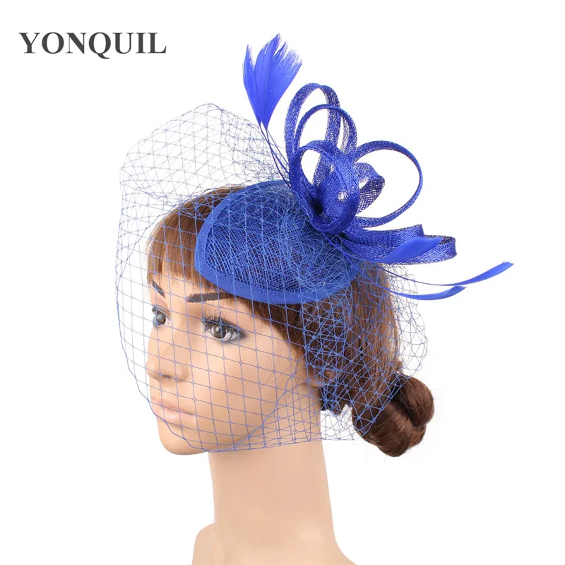 Elegant Royal Blue Millinery Fascinator Sinamay Base with Veil Bridal Hairstyle Party Headwear Race Cocktail Hat Party Headpiece