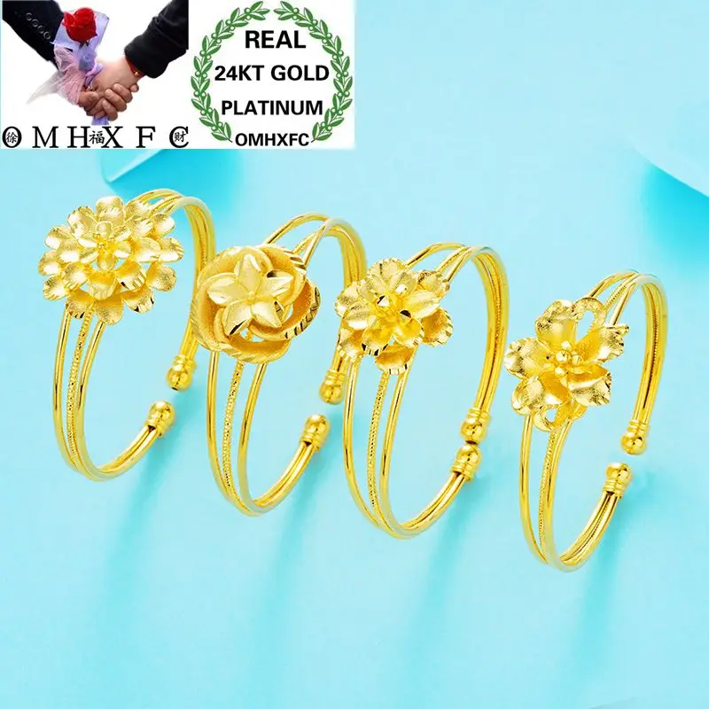 

OMHXFC Wholesale European Fashion Woman Girl Party Wedding Gift Vintage Flower 24KT Gold Open Bangles Bracelets BE130