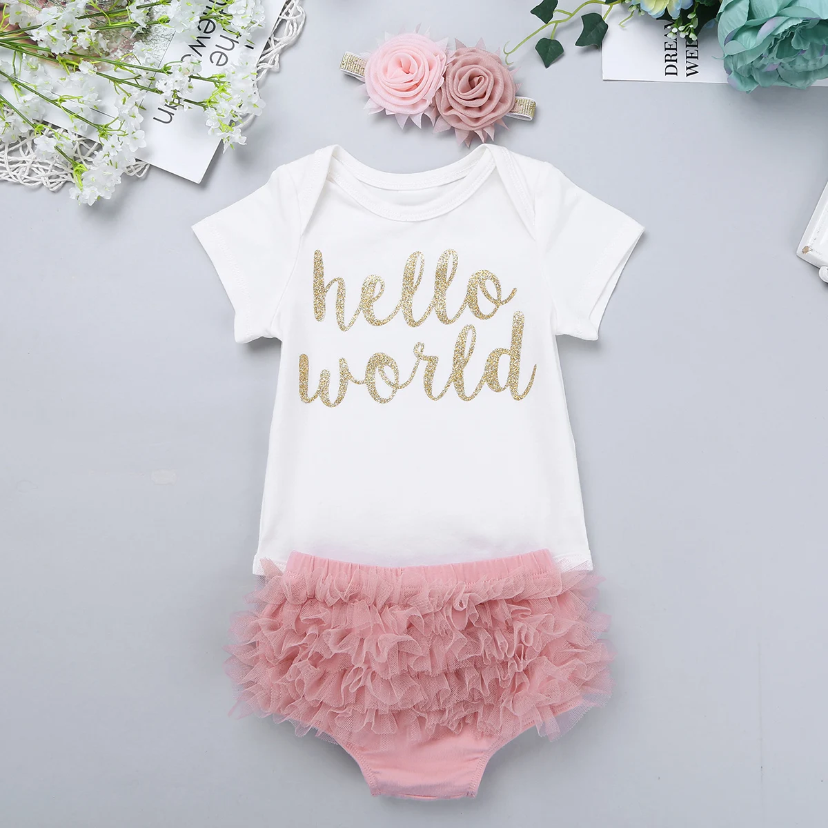 Baby Girls Outfits Newborn Baby\'s Romper Hello World Letter Printed Short Sleeves Jumpsuit with Bloomers Summer Toddlers Clothes