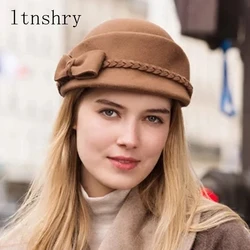 New Women 100%Wool Felt Fedoras Soild Nice Bow Adorn Round Top Women Hats Autumn Winter Beret Stewardess Cap in Black Wine