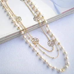 Full Simulated Pearls Beads & Hollow Metallic Rose Flower & Golden Beads 3 Chains Women Long Necklace